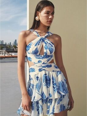 PatBO White and Blue Floral Cutout halter Mini Dress XS 0